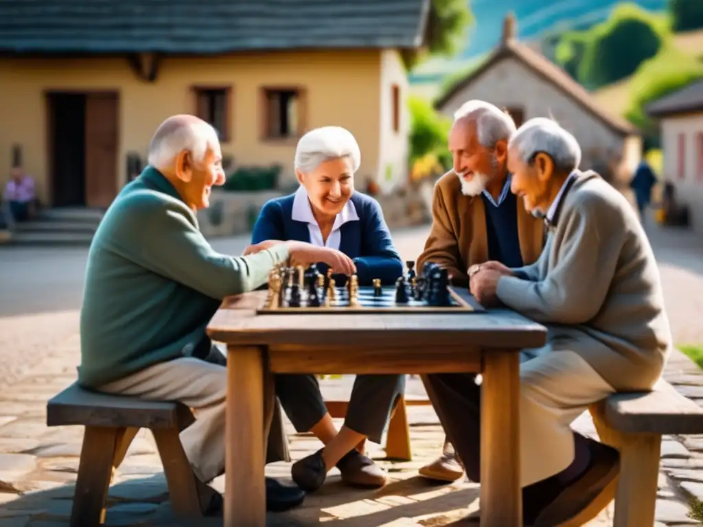 Un grupo de ancianos disfruta de una partida de ajedrez en una plaza remota, transmitiendo la comunidad y longevidad de estos lugares remotos.