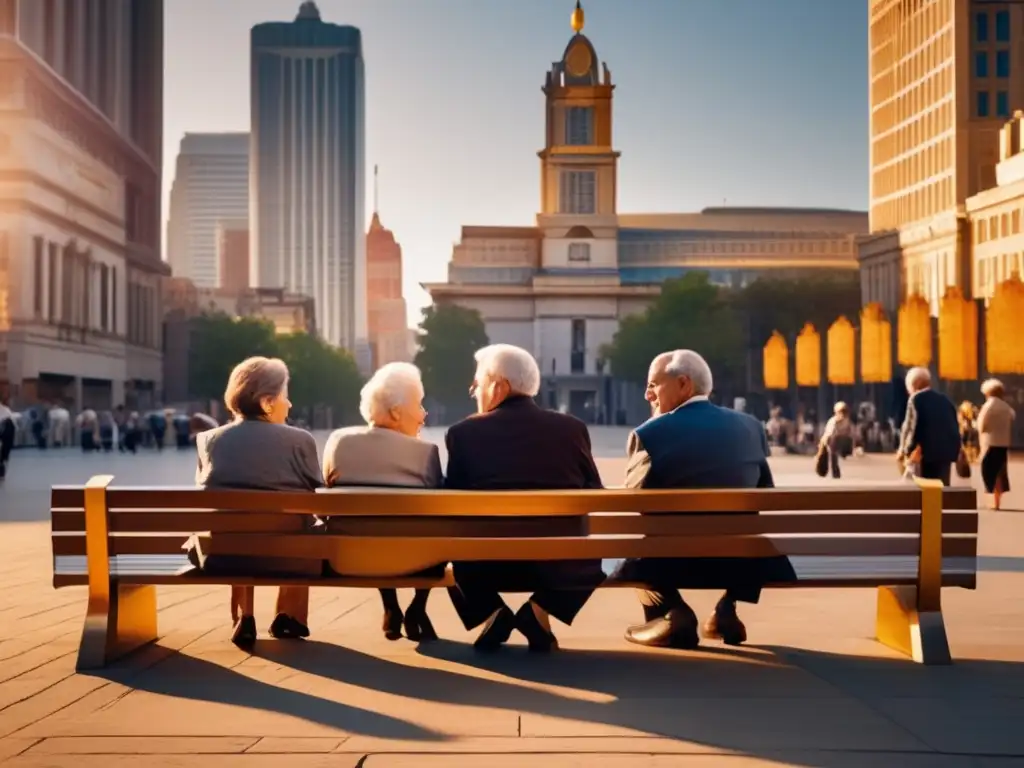 Un grupo de ancianos en una plaza de ciudad, con rostros sabios, bañados por la luz dorada del atardecer. La imagen irradia dignidad y resiliencia en medio de la exclusión social.