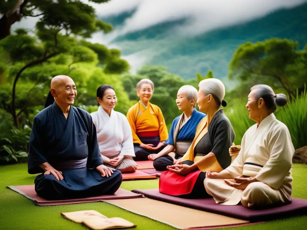 Un grupo de ancianos participa en un retiro de longevidad en diferentes culturas, realizando tai chi y meditación en un entorno natural exuberante.