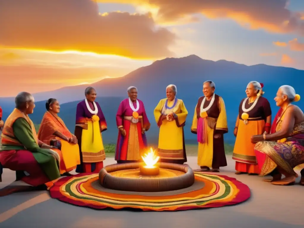 Un grupo de ancianos participando en un ritual tradicional al atardecer, con atuendos coloridos y vibrantes. <b>Rituales y tradiciones para longevidad.