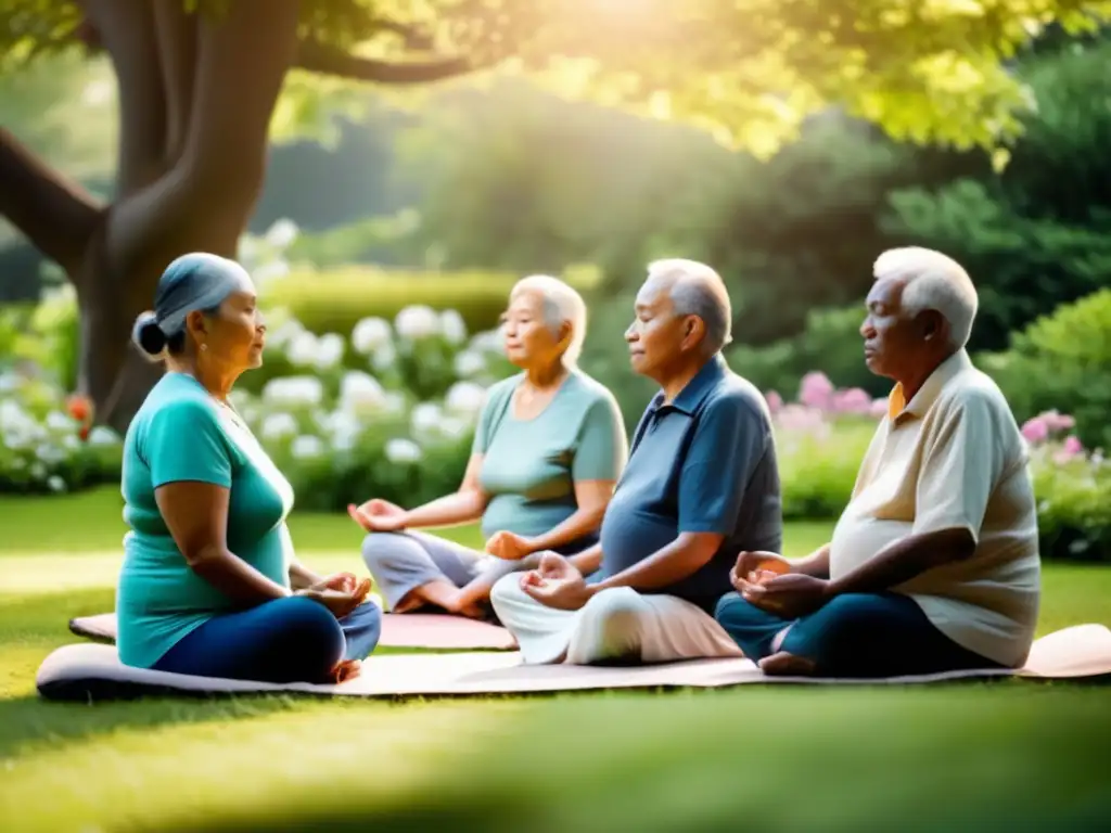 Un grupo de ancianos medita en un jardín verde y florido, bajo la suave luz del sol. <b>Meditación y longevidad: beneficios del silencio.