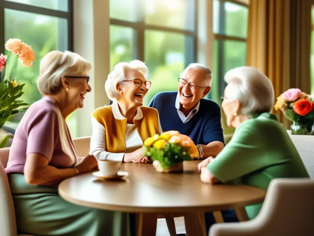 Un grupo de ancianos disfruta de la vida en una comunidad de retiro luminosa y moderna, rodeados de naturaleza exuberante. <b>Captura la esencia positiva de la longevidad y el seguro de vida.