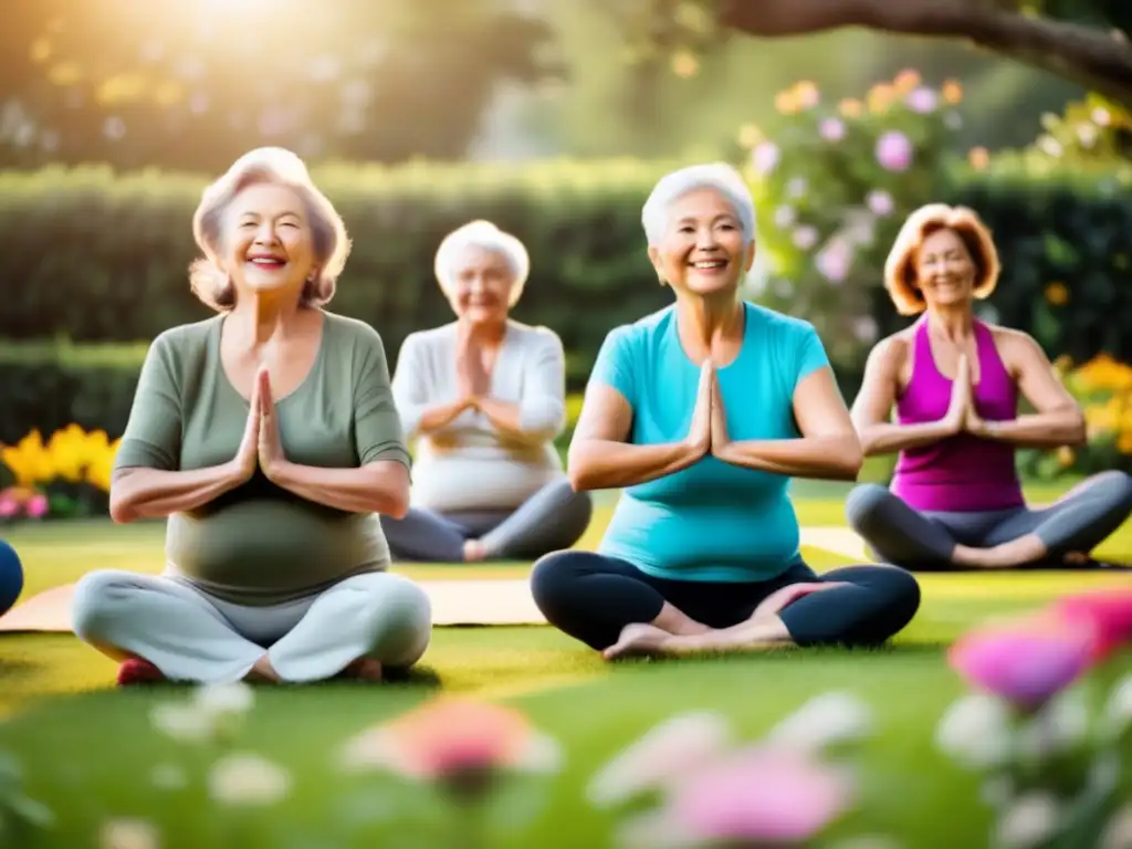 'Grupo de ancianos practicando yoga al aire libre rodeados de naturaleza exuberante, transmitiendo vitalidad y paz, estrategias para bienestar mental duradero.'