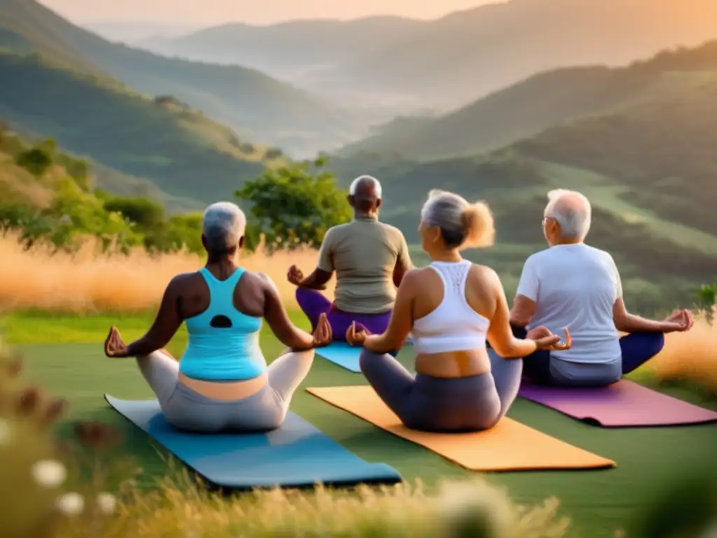 Un grupo de ancianos practicando yoga al atardecer en la montaña, rodeados de naturaleza exuberante. <b>Rutina diaria para longevidad saludable.