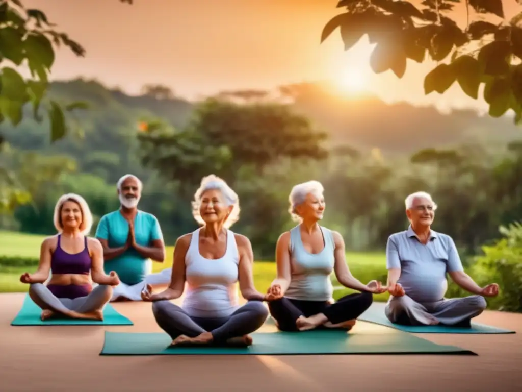 Un grupo de ancianos practicando yoga en medio de la naturaleza, en armonía con la puesta de sol. <b>Refleja los secretos de longevidad de Matusalén en la tradición contemporánea.