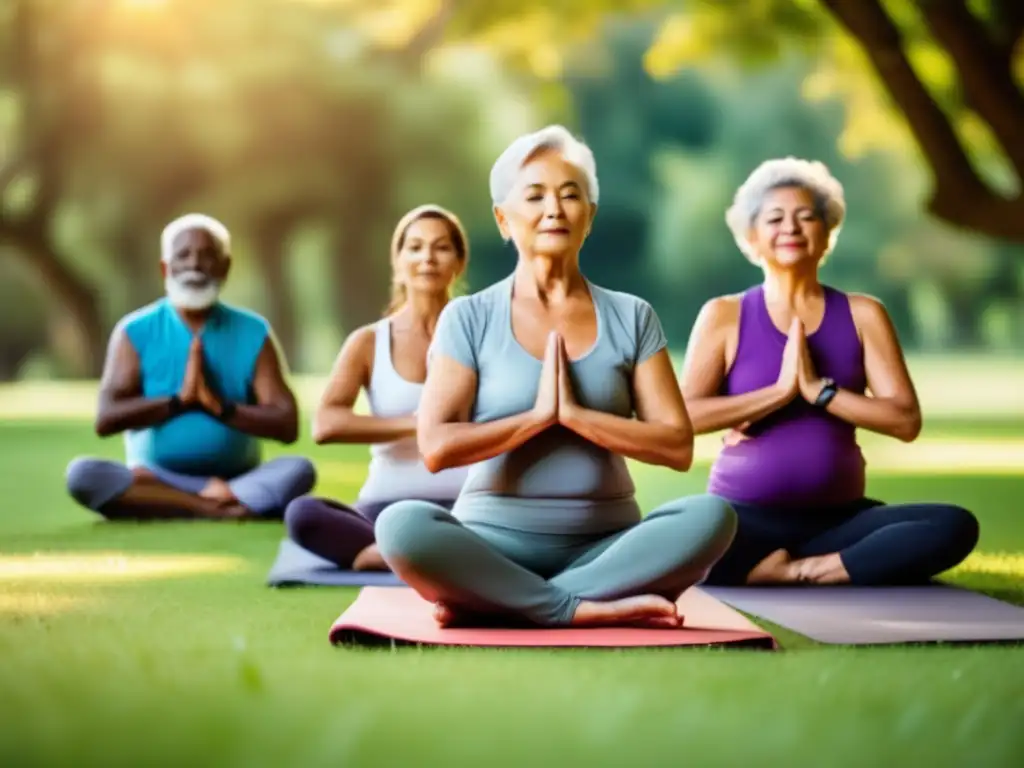 Un grupo de ancianos practicando yoga en un parque verde, irradiando serenidad y vitalidad. <b>Técnicas de coaching para envejecer.