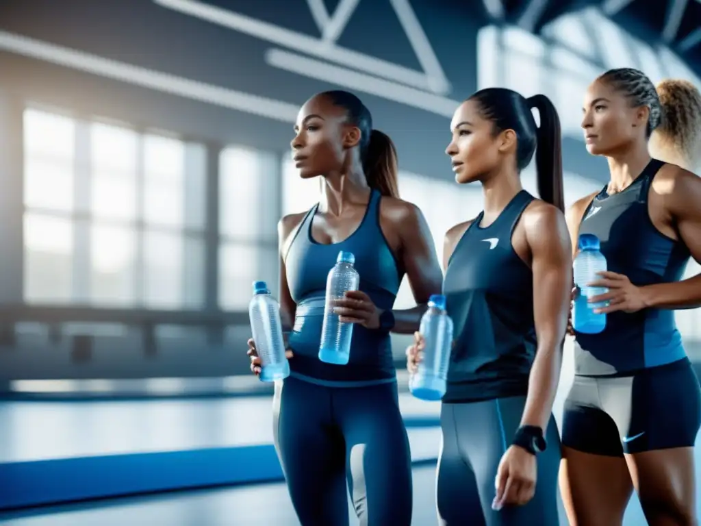 Un grupo de atletas profesionales en ropa deportiva moderna, hidratándose con botellas de agua futuristas de alta tecnología durante un descanso en su sesión de entrenamiento. El diseño elegante y moderno de las botellas y las expresiones determinadas de los atletas transmiten la importancia de los sistemas de