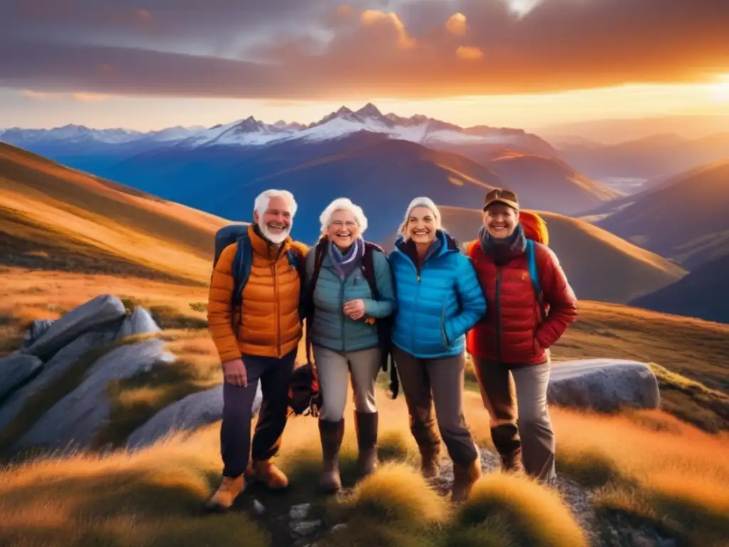 Un grupo de aventureros mayores disfruta del atardecer en la cima de una montaña, reflejando los beneficios de viajes en la larga vida.