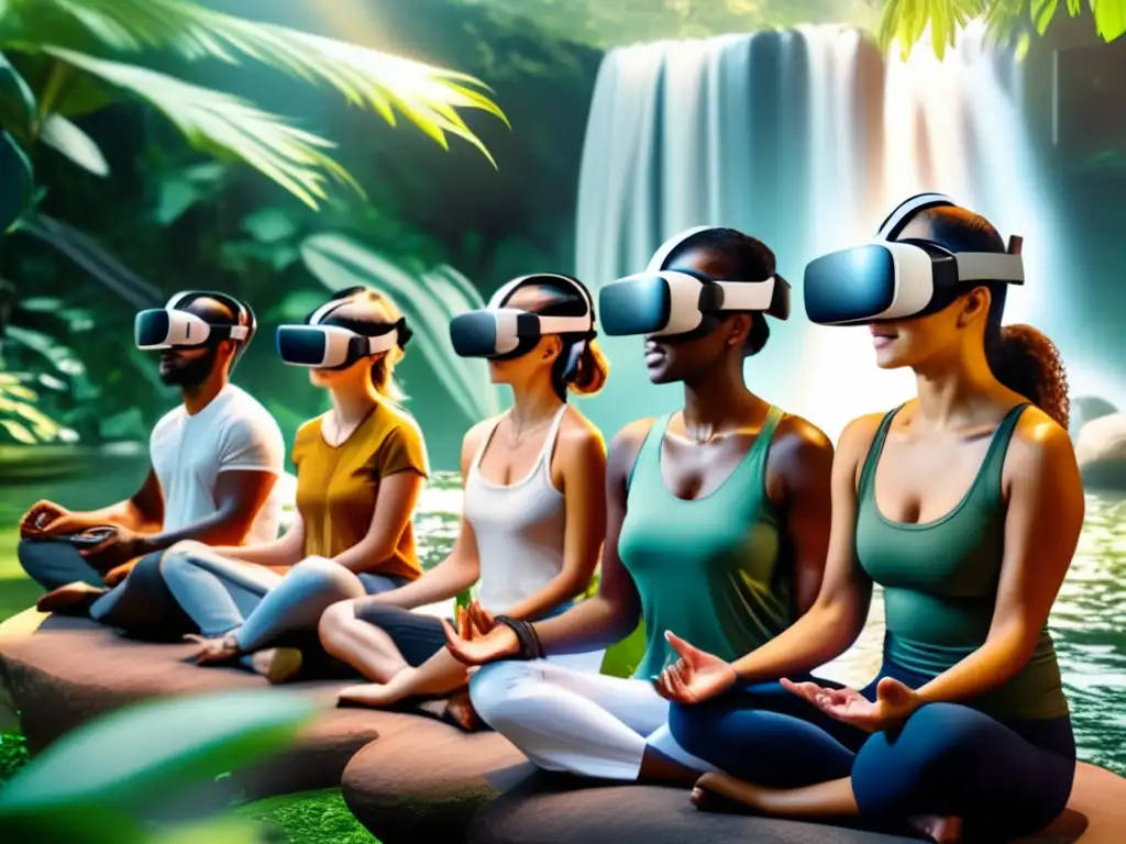 Un grupo disfruta de los beneficios de la realidad virtual en la salud, inmersos en un entorno sereno con cascadas y vegetación exuberante.