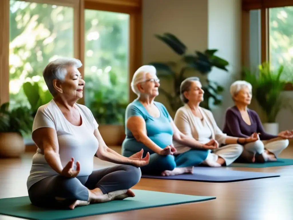 Un grupo de centenarios practica yoga en un estudio lleno de luz natural y plantas, transmitiendo calma y bienestar con técnicas de asesoramiento para centenarios.