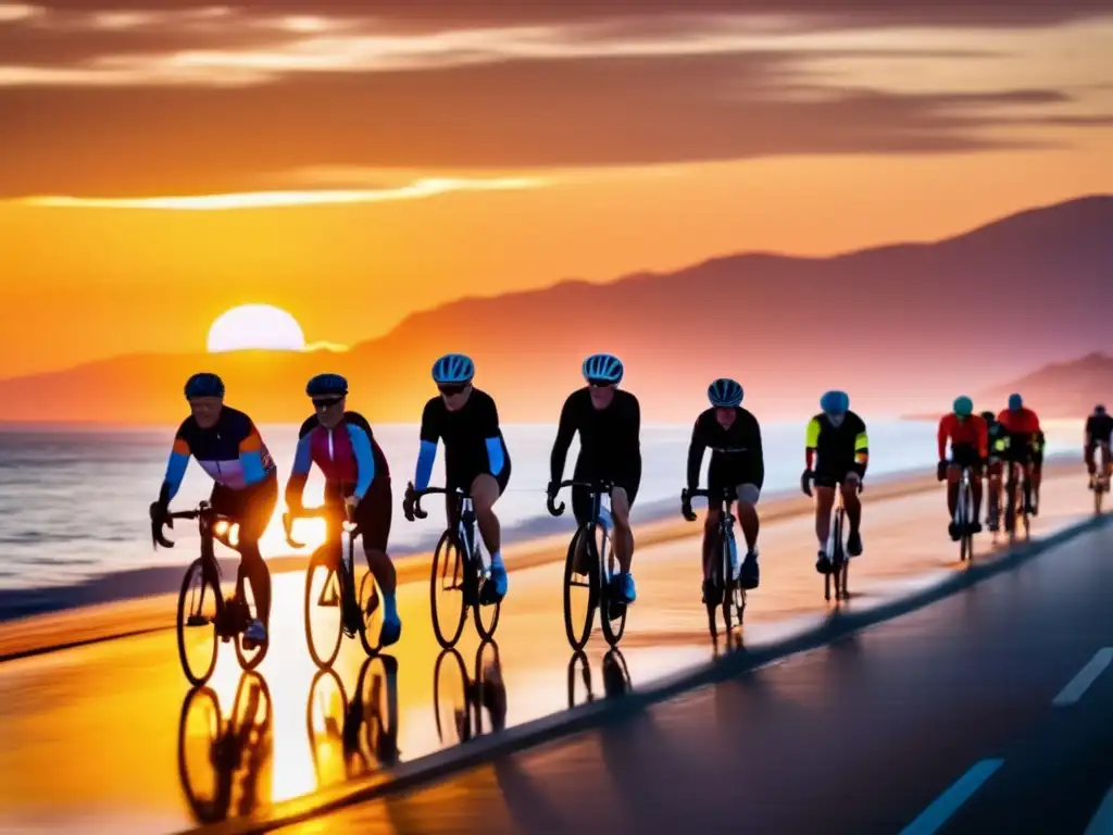 Un grupo de ciclistas de la tercera edad disfruta de un paseo al atardecer junto al mar, mostrando los beneficios del ciclismo para longevidad.