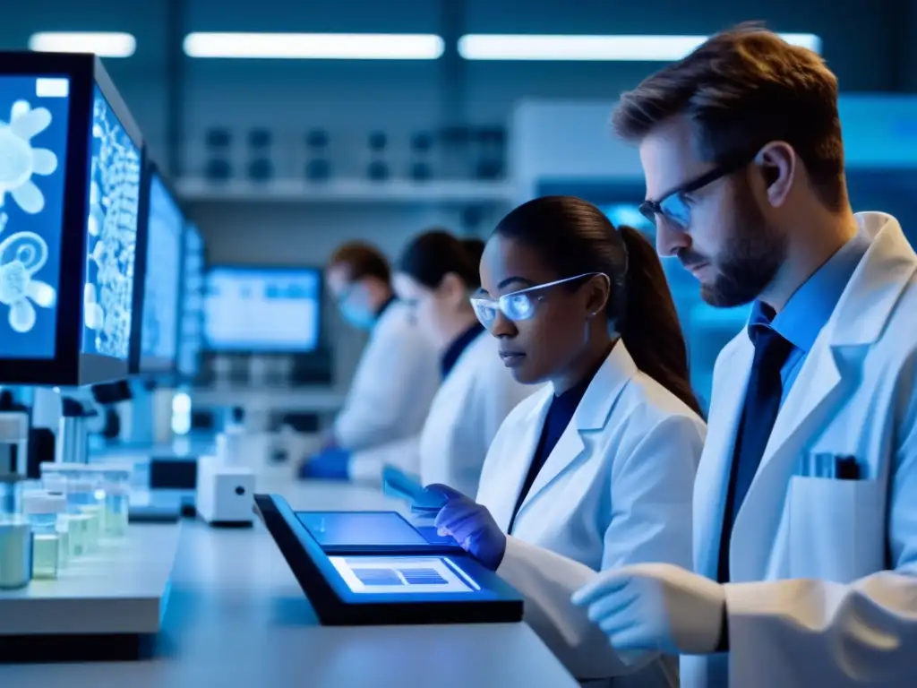 Un grupo de científicos diversos examina probióticos en un laboratorio de vanguardia, destacando los beneficios de probióticos para longevidad.