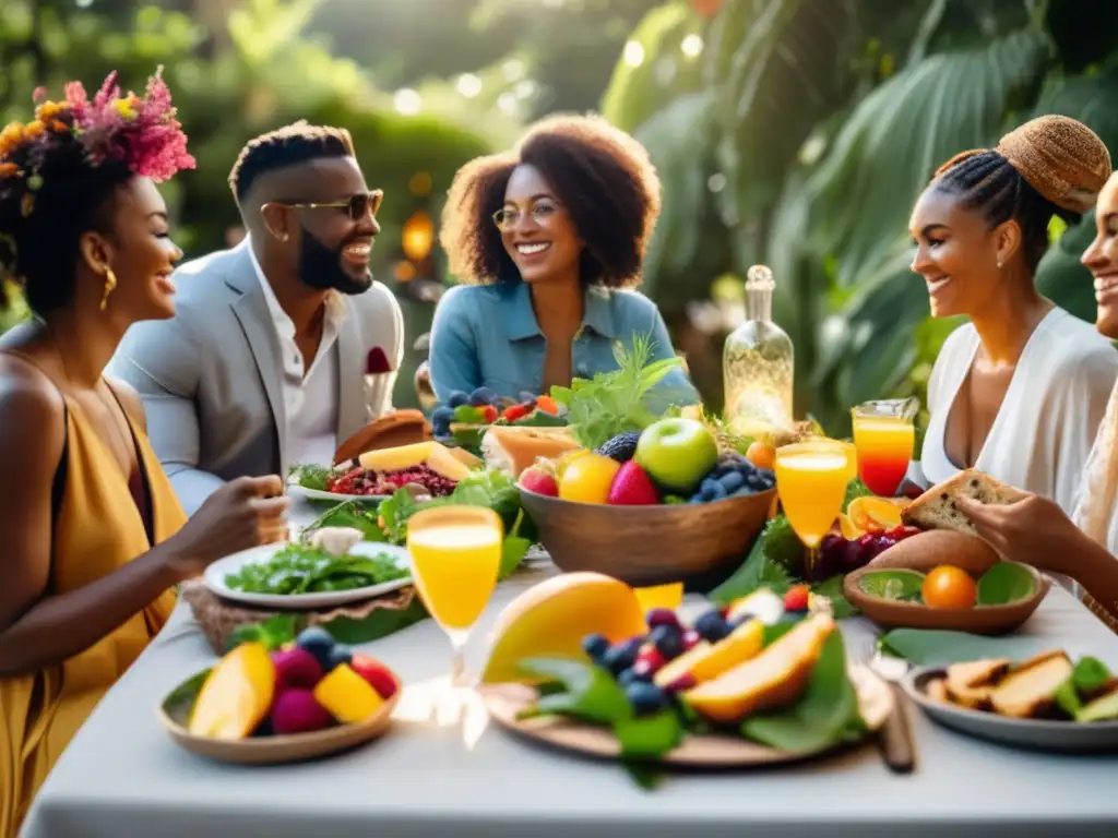 Un grupo disfruta de una comida saludable al aire libre en un entorno exuberante. Retiros gastronómicos para longevidad saludable