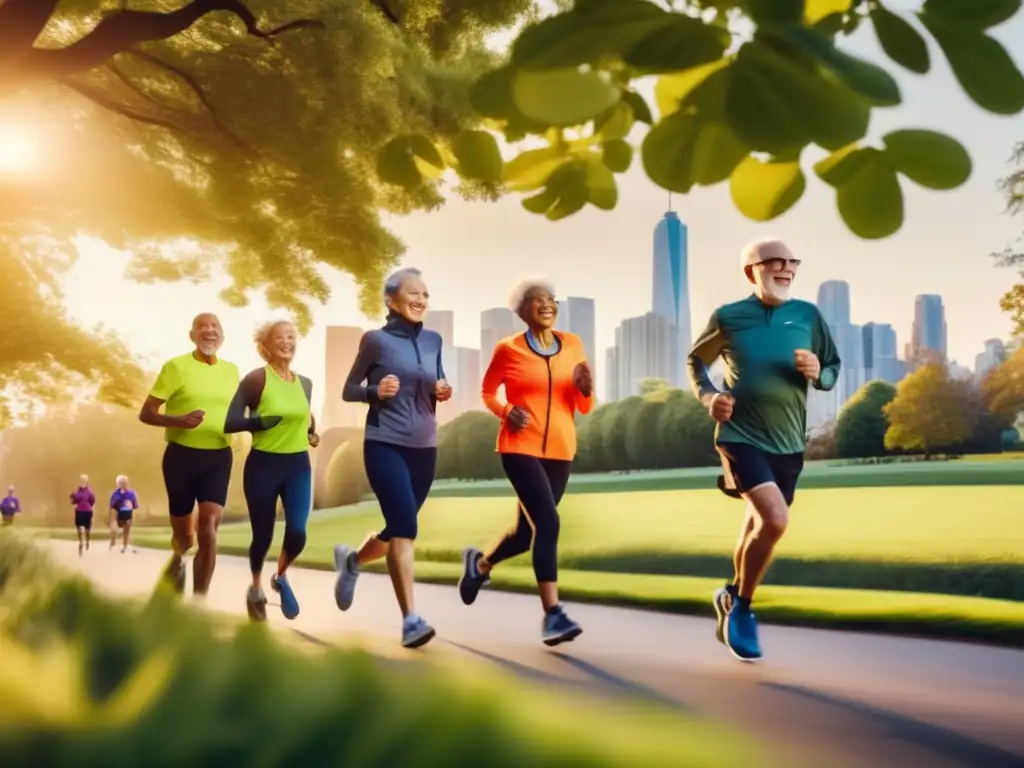 Un grupo de corredores de la tercera edad en moderno equipamiento para correr disfrutan de una carrera matutina en un parque escénico, con una luz dorada suave que proyecta largas sombras. La imagen transmite vitalidad, comunidad y los beneficios prácticos de correr para la longevid