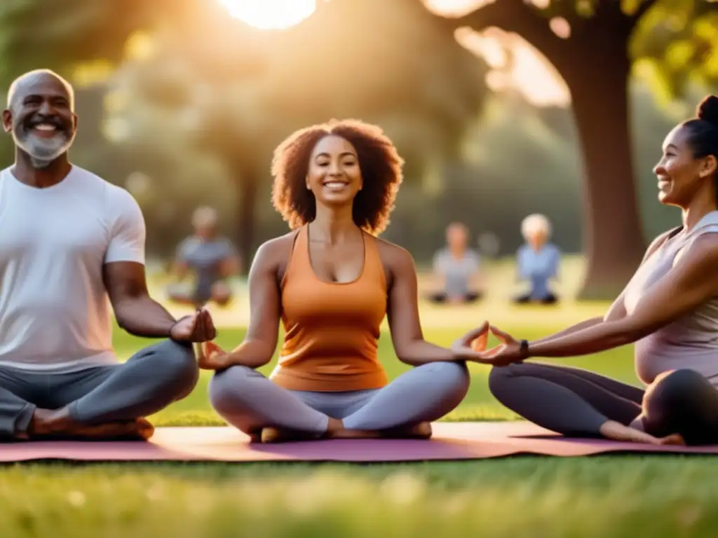 Un grupo diverso disfruta de actividades al aire libre en un parque verde y soleado, mostrando camaradería y vitalidad. <b>Influencia relaciones sociales en longevidad.