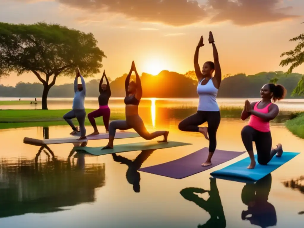 Un grupo diverso disfruta de actividades al aire libre en un parque verde al atardecer, reflejando vitalidad y bienestar. 'Secretos para una vida longeva'