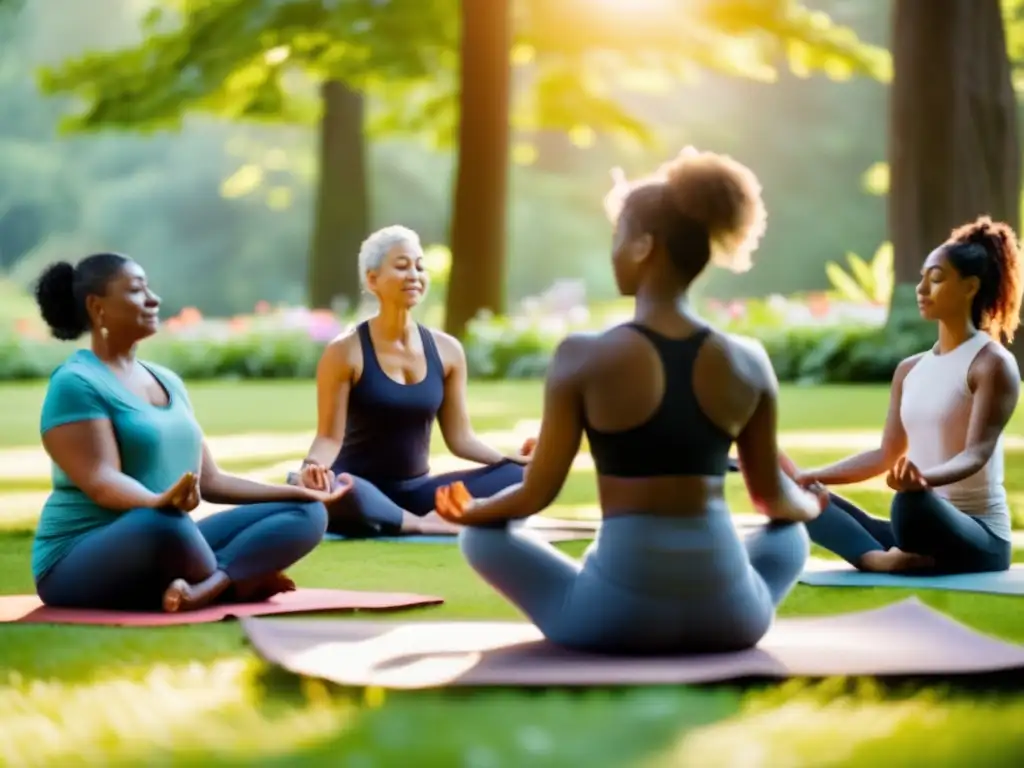 Un grupo diverso de adultos practica mindfulness para longevidad y conexión social en un parque exuberante y soleado.