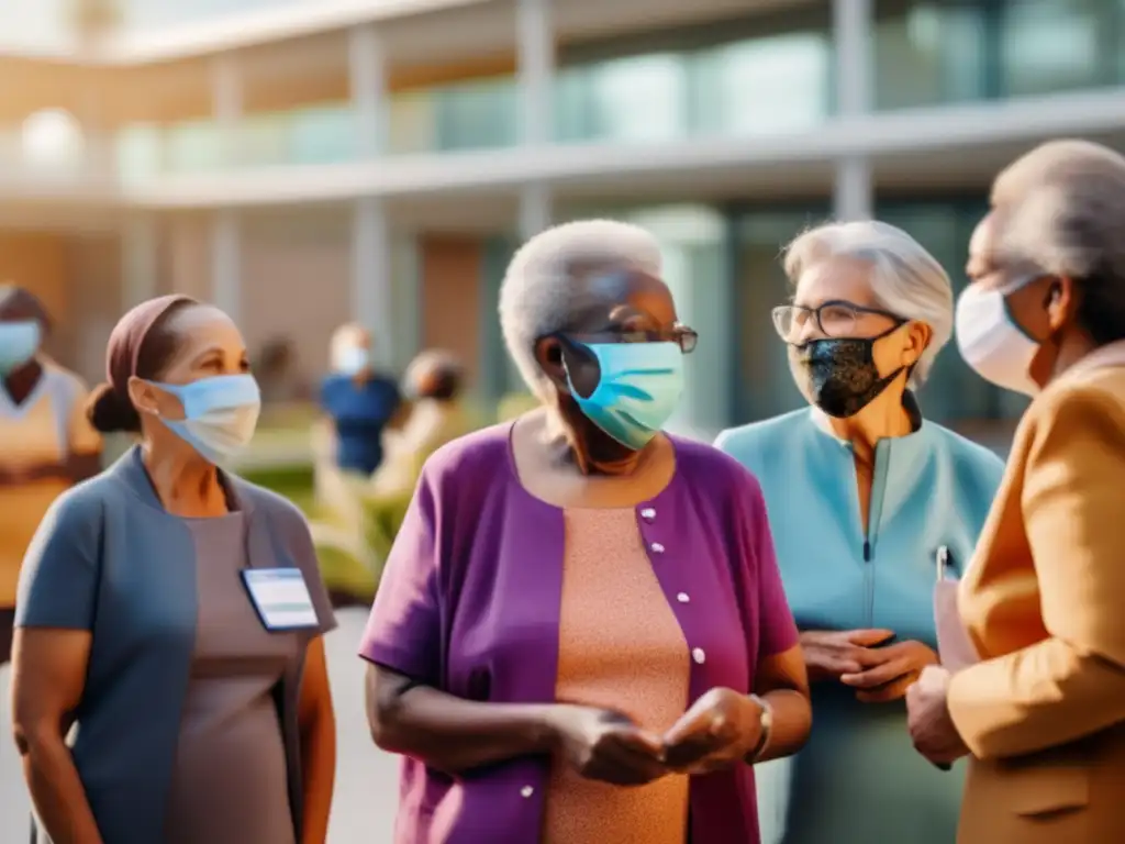 Un grupo diverso de adultos mayores conversa animadamente en un patio soleado, usando mascarillas. <b>Al fondo, se vislumbra una moderna instalación médica.</b> Los colores vibrantes y las expresiones claras transmiten una sensación de comunidad, protección y la importancia de las vacunas en la prevención de enfermedades en