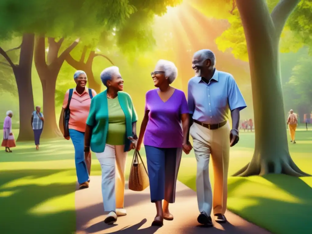 Un grupo diverso de adultos mayores sonrientes caminan y conversan animadamente en un parque verde, bajo la cálida luz del sol. Sus colores vibrantes y la naturaleza crean una escena inspiradora que evoca conexión, vitalidad y bienestar, demostrando la influencia de las relaciones sociales en la longevidad