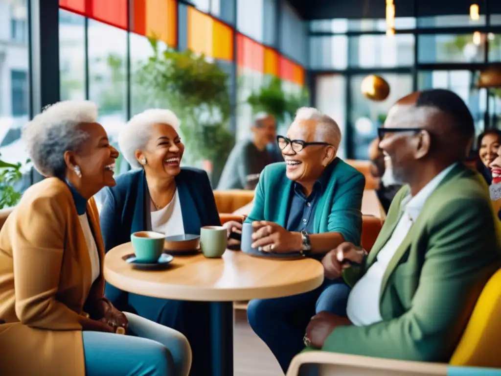 Un grupo diverso de adultos mayores disfruta de una animada conversación en un café contemporáneo, con una vibrante escena callejera de fondo. La atmósfera cálida y acogedora refleja la vitalidad y comunidad. <b>Estudios longitudinales redefiniendo vejez.