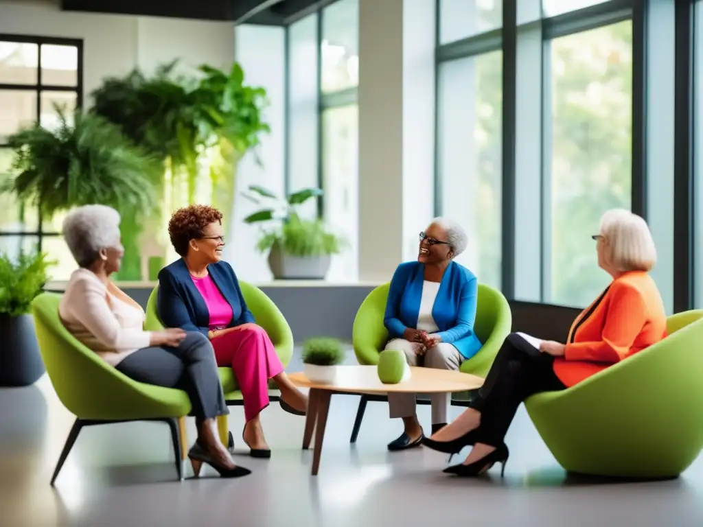 Un grupo diverso de adultos mayores participa en ejercicios de coaching para agilizar la memoria y cognición en un ambiente moderno y luminoso, mostrando determinación y camaradería.