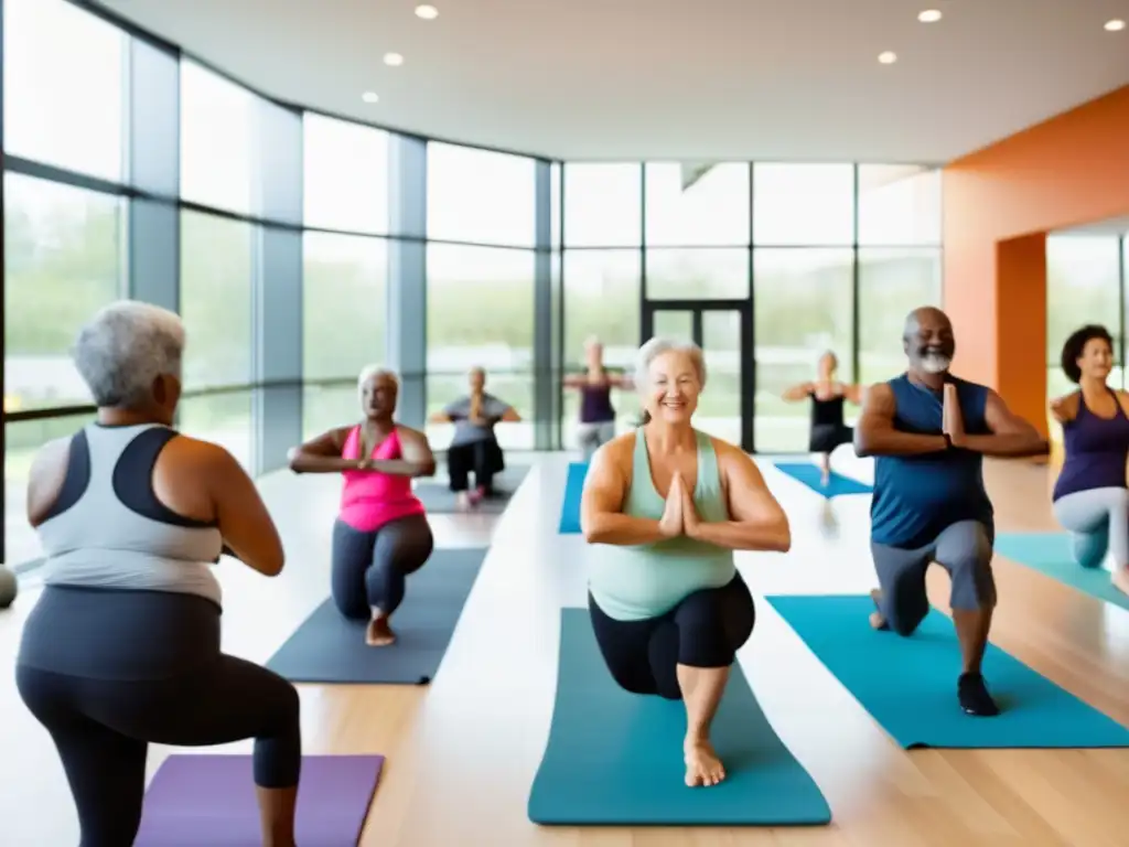 Grupo diverso de adultos mayores participando en actividades de bienestar en un moderno centro. <b>Destacan clases de yoga, entrenamiento de fuerza y área de meditación.</b> <b>Promueve programas de bienestar para longevidad.