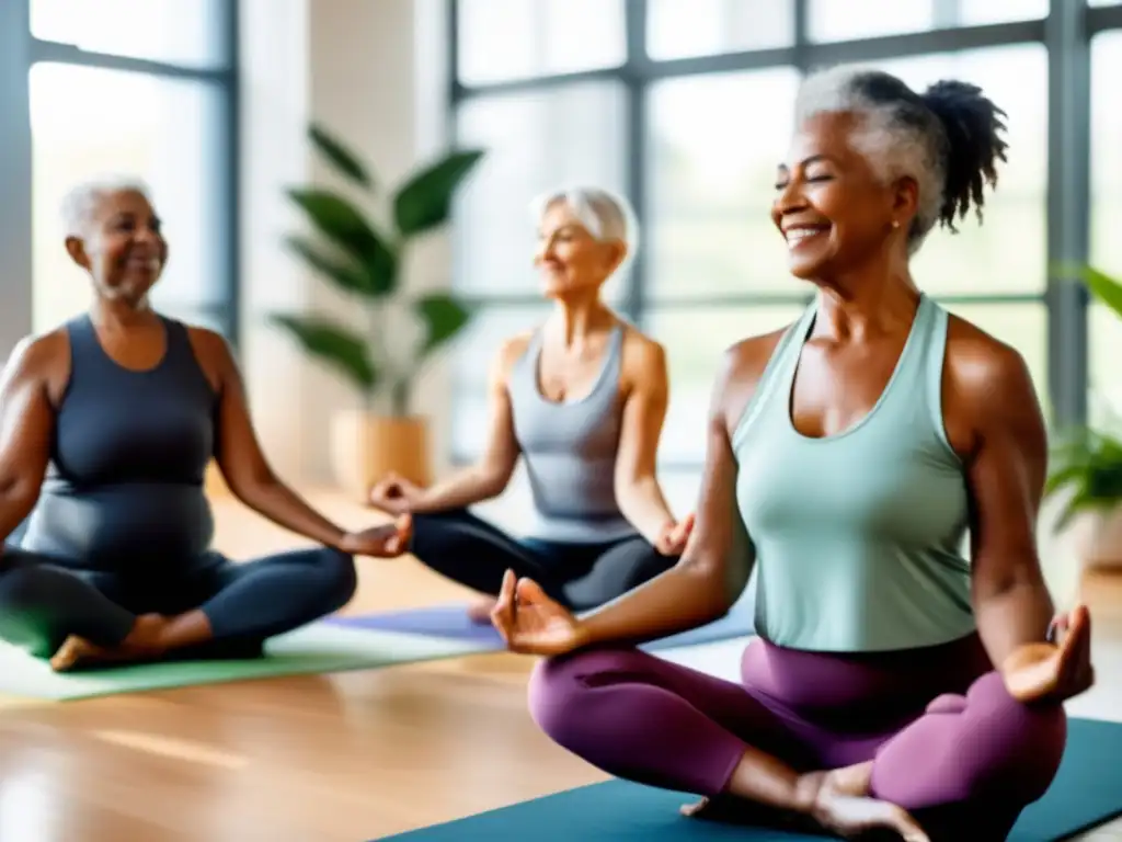 Un grupo diverso de adultos mayores participa en una clase de yoga en un estudio luminoso con plantas, transmitiendo vitalidad y bienestar. <b>Programas innovadores para una vida más larga.