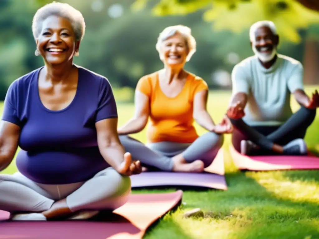 Un grupo diverso de adultos mayores sonrientes disfrutan de actividades al aire libre en un parque vibrante y exuberante. Transmiten vitalidad y alegría, vistiendo ropa deportiva moderna y cómoda mientras participan en yoga, senderismo y conversaciones sociales. Esta imagen captura la energía dinámica y el