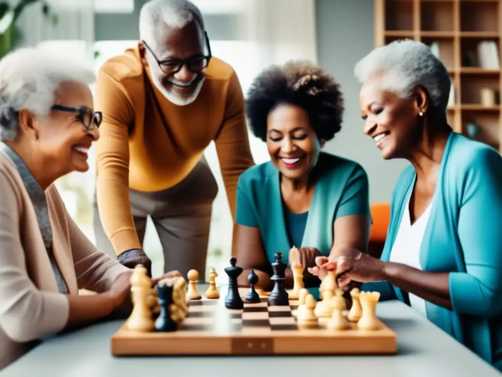 Un grupo diverso de adultos mayores disfrutando de actividades estimulantes en un entorno contemporáneo y vibrante, mostrando los beneficios de los suplementos nootrópicos para la longevidad mental.