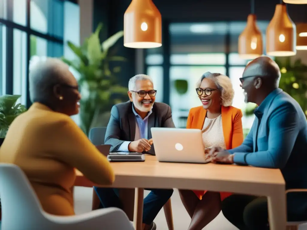 Un grupo diverso de adultos mayores participa en una animada discusión en un moderno espacio de coworking, rodeado de tecnología elegante y exuberante vegetación, simbolizando la intersección de longevidad, emprendimiento e innovación en la era moderna. 'Oportunidades de negocio en longevidad