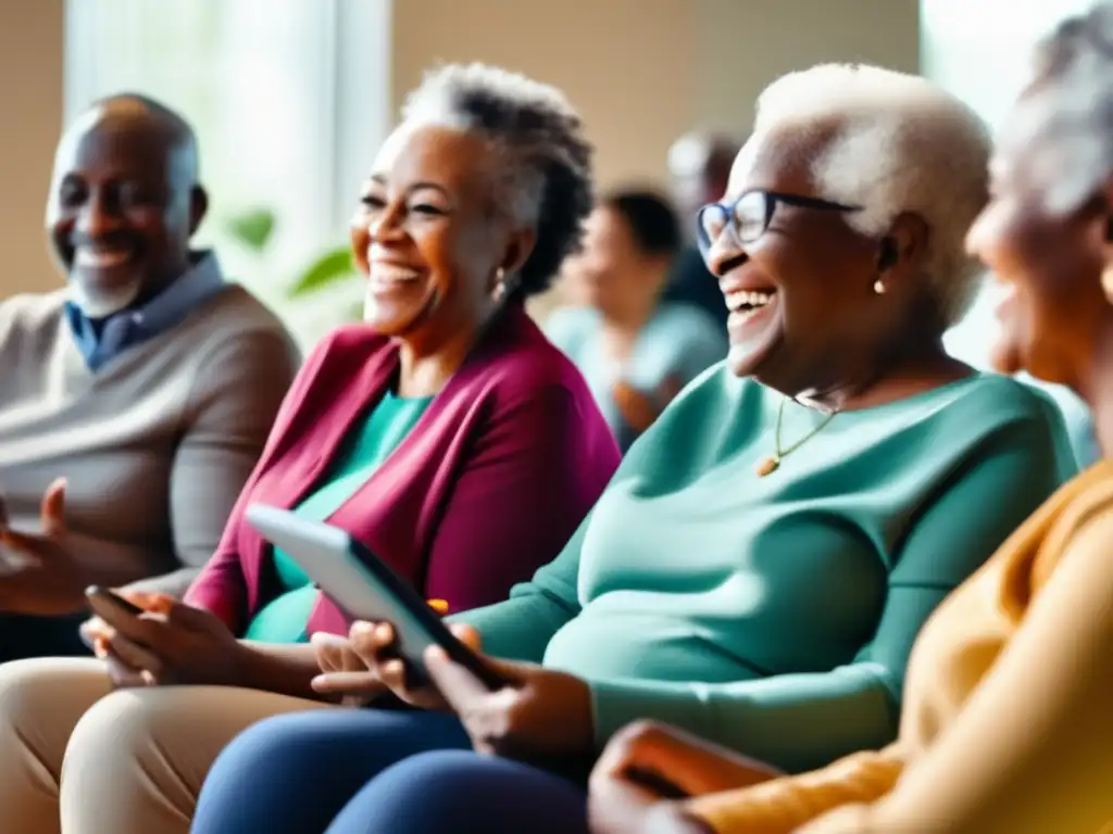 Un grupo diverso de adultos mayores se reúne en un centro comunitario moderno, discutiendo animadamente sobre aplicaciones de salud sexual para longevidad humana. <b>La atmósfera es cálida y acogedora, transmitiendo empoderamiento y conexión.