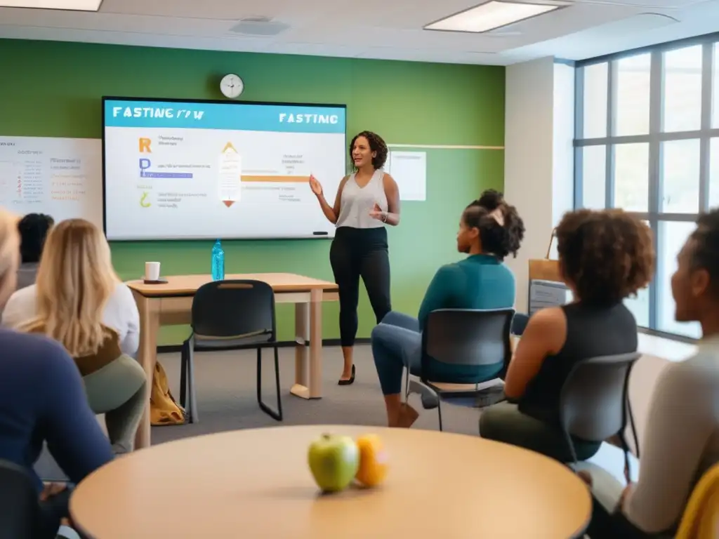 Un grupo diverso de adultos participa en un taller sobre los beneficios del ayuno intermitente para longevidad en un aula moderna y luminosa. <b>El instructor explica la ciencia detrás de la práctica.</b> Los participantes toman notas y participan activamente en la discusión, demostrando curiosidad intelect