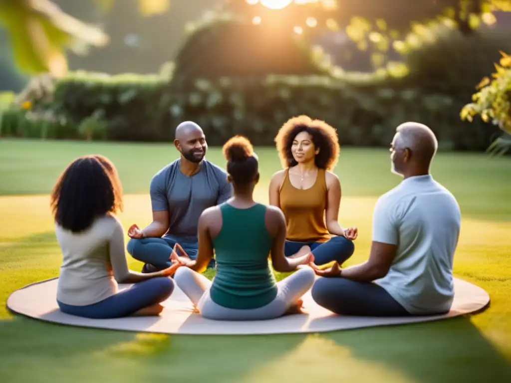 Un grupo diverso medita al atardecer en un césped, creando una conexión pacífica. <b>Mindfulness para longevidad y conexión social.