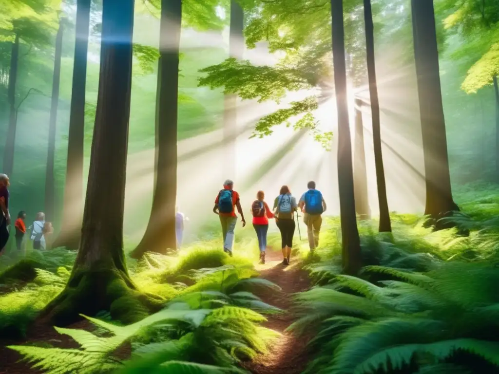 Un grupo diverso disfruta de los beneficios del contacto con la naturaleza en el bosque, creando conexiones y promoviendo la longevidad.