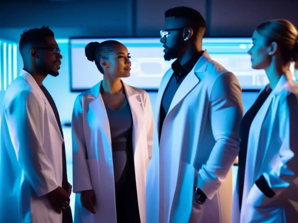 Un grupo diverso discute biohacking para longevidad en un laboratorio futurista, con tecnologías emergentes para longevidad.