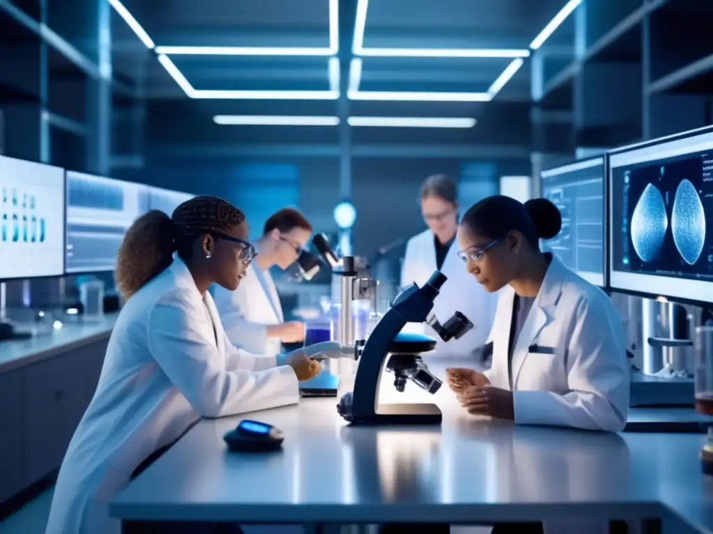 Un grupo diverso de científicos en un laboratorio de vanguardia discutiendo beneficios ayuno intermitente microbioma longevidad