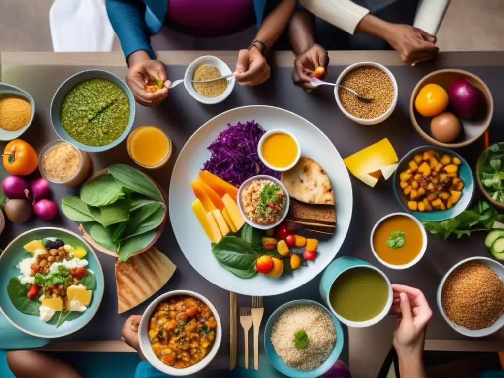 Un grupo diverso disfruta de una comida equilibrada y vibrante, reflejando el espíritu y la vitalidad del ayuno intermitente para longevidad humana.