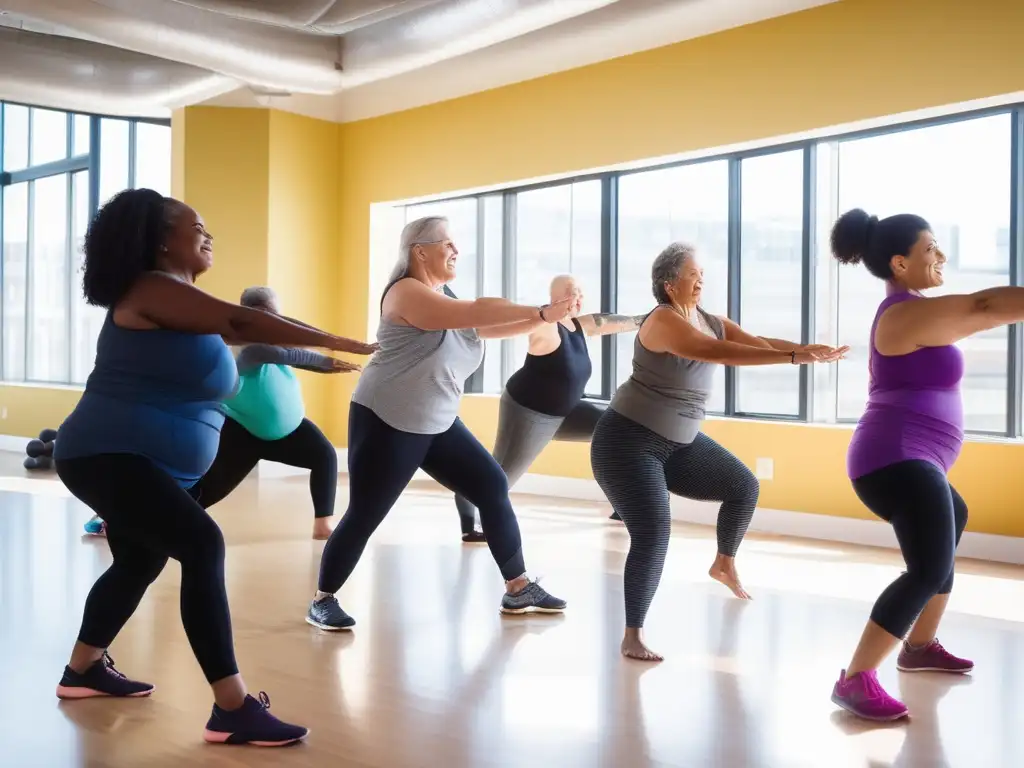 Un grupo diverso de todas las edades y habilidades participa en una clase de ejercicios de bajo impacto en un estudio de fitness luminoso y espacioso. <b>El ambiente es acogedor y la práctica de ejercicios de bajo impacto se realiza con atención plena y enfoque en la forma.</b> Las grandes ventanas dejan