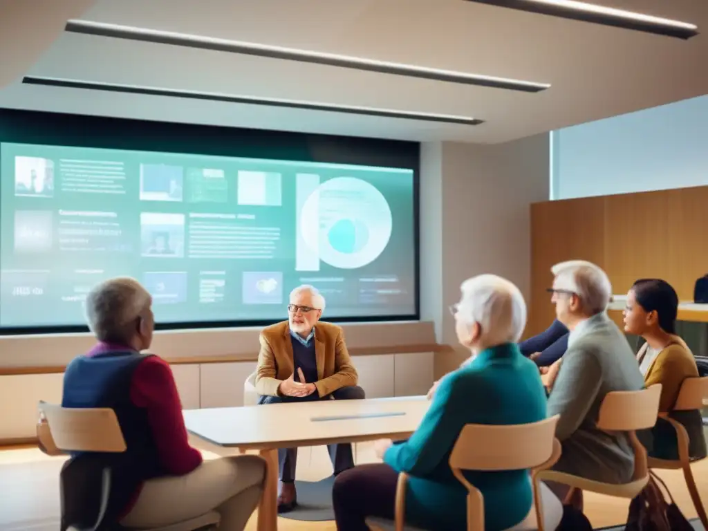 Un grupo diverso de estudiantes de la tercera edad participa en una animada discusión con el profesor en un aula moderna y luminosa. <b>El profesor señala hacia una pantalla holográfica futurista, fusionando la educación tradicional con la tecnología moderna.</b> La atmósfera es de colaboración, res