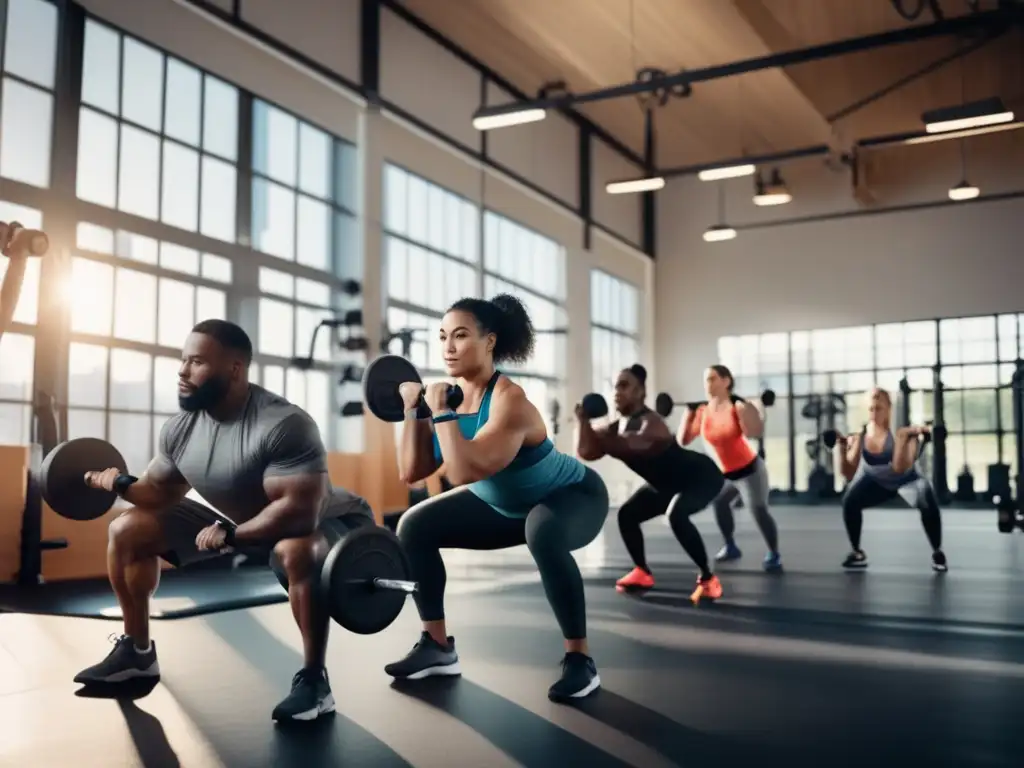 Un grupo diverso se entrena con determinación en un gimnasio moderno y luminoso. Optimizar longevidad con fuerza y resistencia.