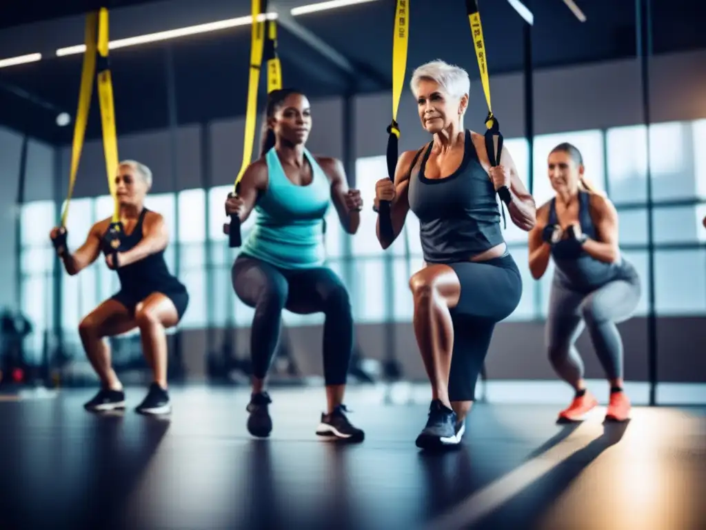 Un grupo diverso participa en un intenso entrenamiento TRX para longevidad saludable en un gimnasio moderno, irradiando determinación y vitalidad.