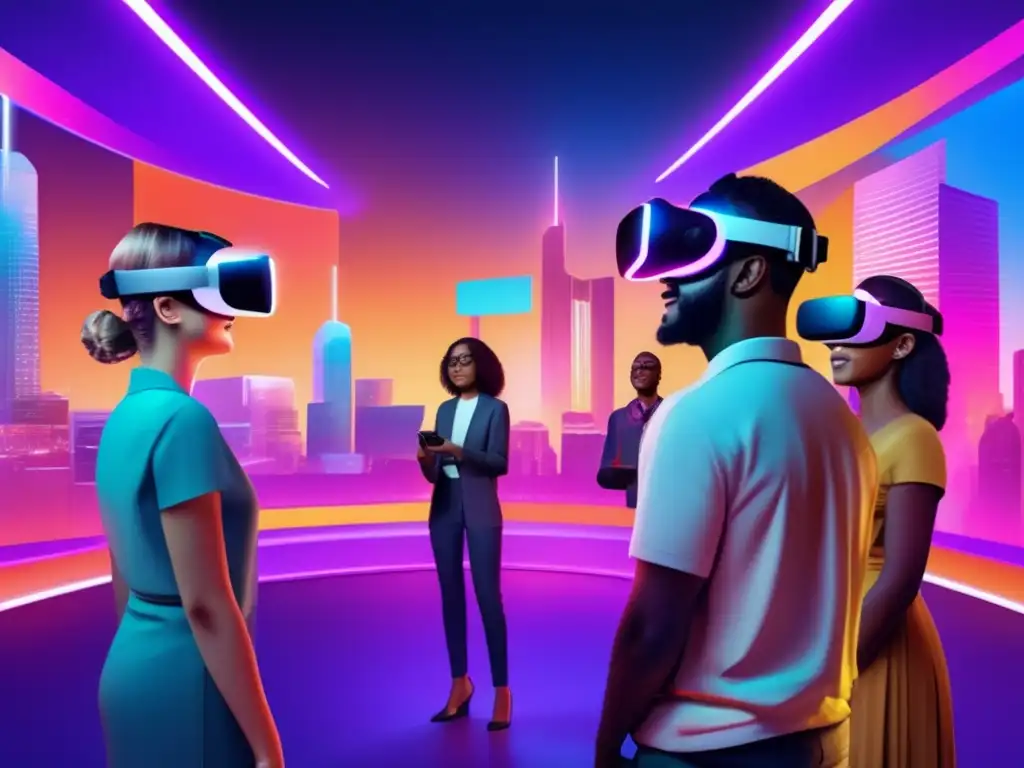 Un grupo diverso interactúa en un espacio virtual futurista. <b>Realidad virtual como herramienta de conexión.