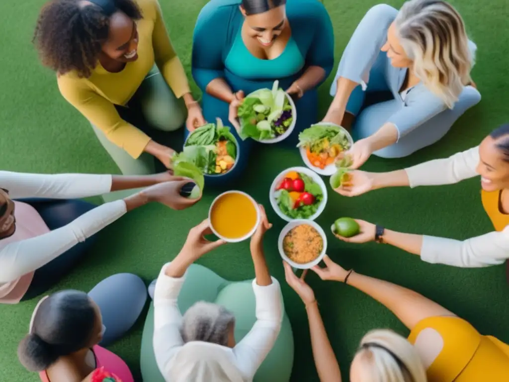 Un grupo diverso de mujeres de diferentes edades compartiendo consejos de ayuno intermitente para longevidad, sonrientes y empoderadas, rodeadas de vegetación exuberante.