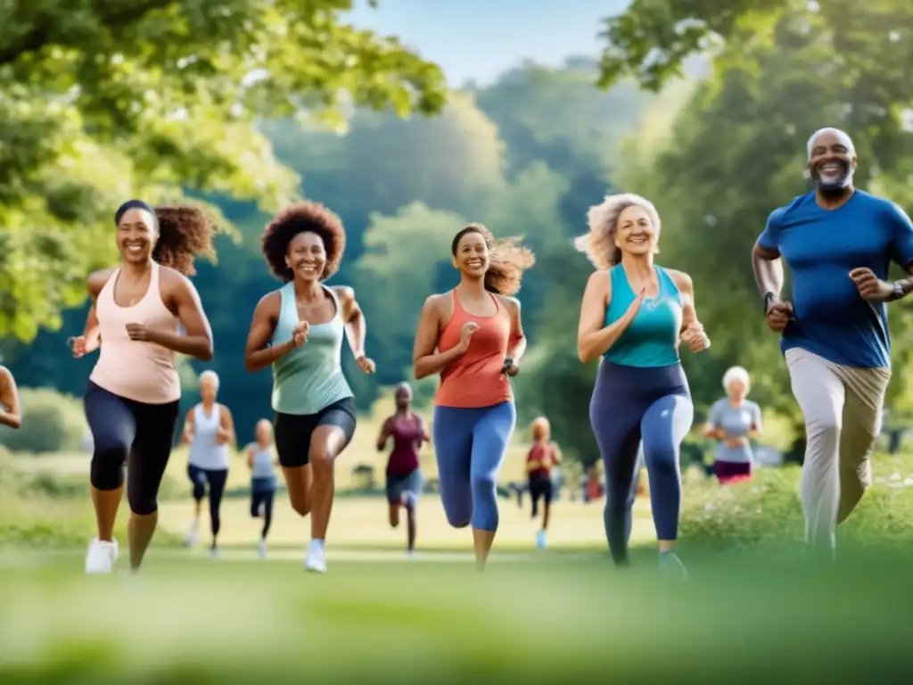 Un grupo diverso de personas disfruta de la actividad física al aire libre en un parque, rodeado de exuberante vegetación y cielos azules. Muestra vitalidad, energía y comunidad, promoviendo la importancia de la salud intestinal y la prevención de enfermedades autoinmunes.