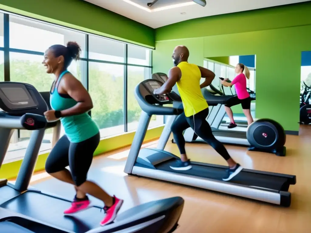 Un grupo diverso de personas se ejercita con alegría en un gimnasio moderno y luminoso. <b>Destacando los beneficios del ejercicio físico en longevidad.