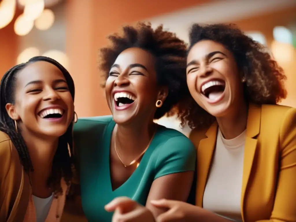 Un grupo diverso de personas de diferentes edades y orígenes riendo juntas en un espacio moderno y bien iluminado, con sonrisas genuinas y alegría evidente en sus rostros. La imagen captura la conexión genuina y la felicidad que proviene de la risa compartida, ilustrando la natur