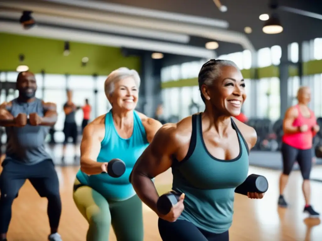 Un grupo diverso de personas de diferentes edades realiza rutinas de ejercicio para prevenir sarcopenia en un gimnasio espacioso y bien iluminado.