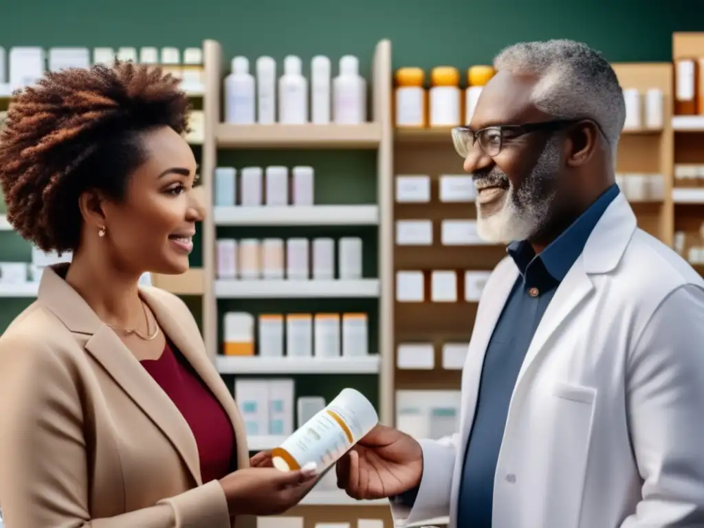 Un grupo diverso de personas conversa frente a una farmacia moderna, mostrando impacto costo medicamentos longevidad humana.