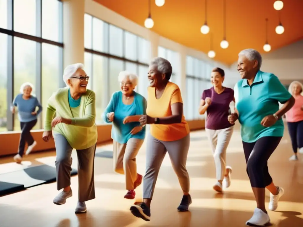 Un grupo diverso de personas mayores participa en actividades sociales y físicas en un centro comunitario moderno y vibrante, transmitiendo vitalidad y energía. Transformación industria médica longevidad