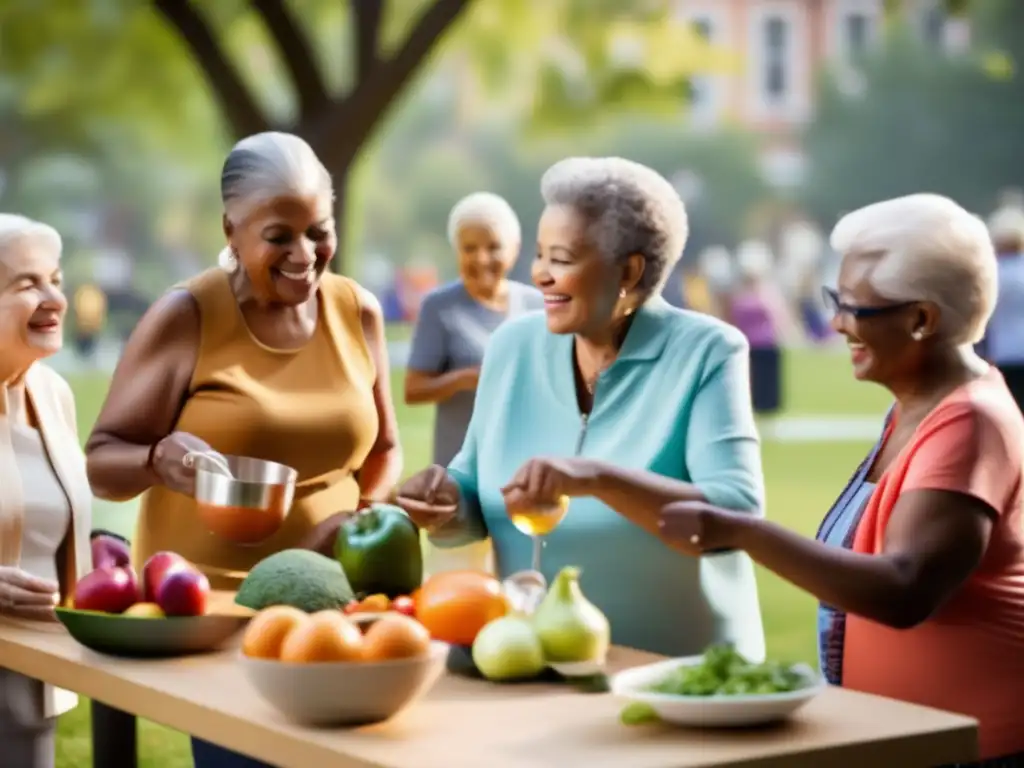 Un grupo diverso de personas mayores participa en actividades sociales y de ocio, como hacer ejercicio en un parque, asistir a una clase de cocina y disfrutar de un evento cultural, mostrando el estilo de vida activo y vibrante de la población envejecida en un entorno urbano moderno. Los colores vibrantes y